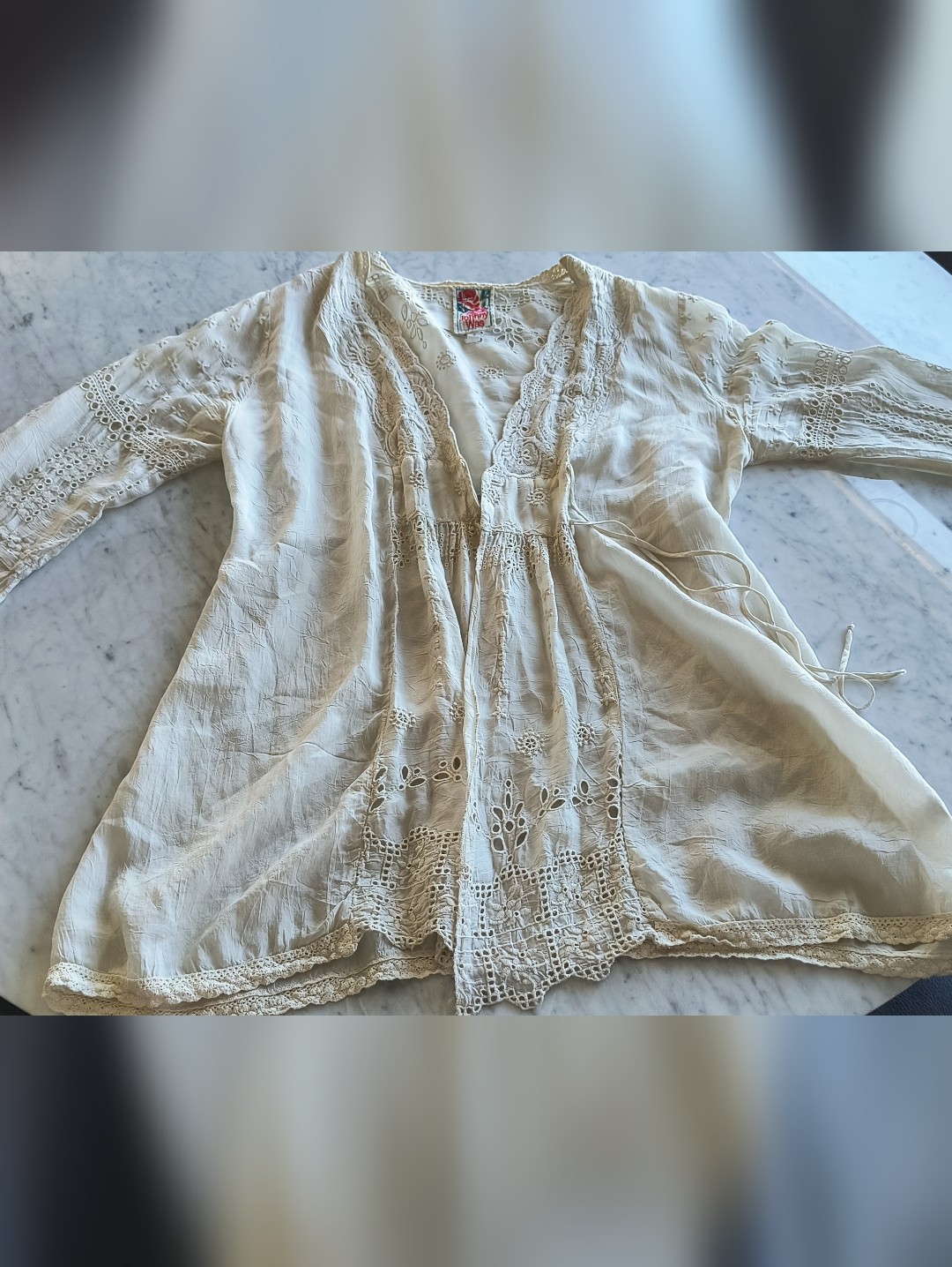 Johnny Was Small Boho Lace-Trim Cream Tunic Cardigan